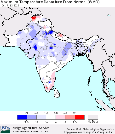 Southern Asia Mean Maximum Temperature Departure from Normal (WMO) Thematic Map For 10/7/2019 - 10/13/2019