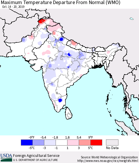 Southern Asia Maximum Temperature Departure From Normal (WMO) Thematic Map For 10/14/2019 - 10/20/2019