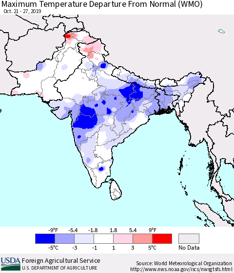 Southern Asia Maximum Temperature Departure From Normal (WMO) Thematic Map For 10/21/2019 - 10/27/2019
