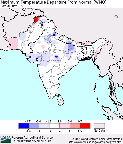 Southern Asia Maximum Temperature Departure From Normal (WMO) Thematic Map For 10/28/2019 - 11/3/2019