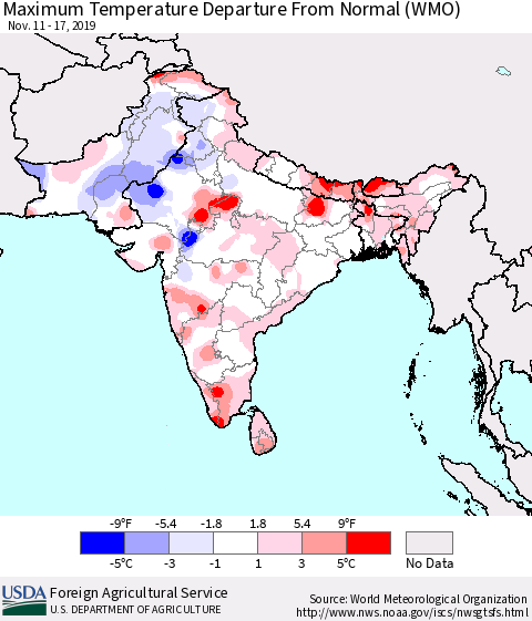 Southern Asia Mean Maximum Temperature Departure from Normal (WMO) Thematic Map For 11/11/2019 - 11/17/2019