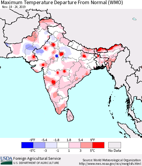 Southern Asia Mean Maximum Temperature Departure from Normal (WMO) Thematic Map For 11/18/2019 - 11/24/2019