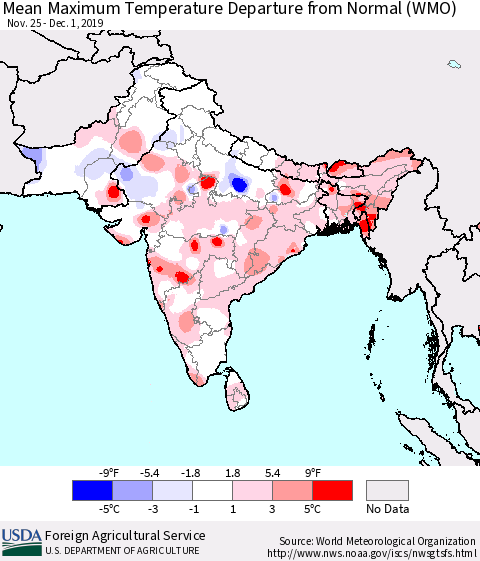 Southern Asia Maximum Temperature Departure From Normal (WMO) Thematic Map For 11/25/2019 - 12/1/2019