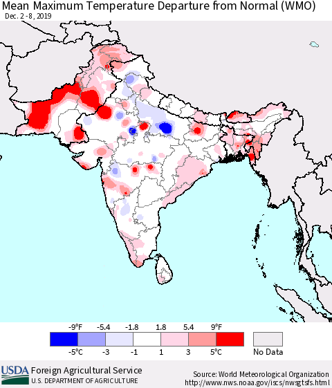 Southern Asia Mean Maximum Temperature Departure from Normal (WMO) Thematic Map For 12/2/2019 - 12/8/2019