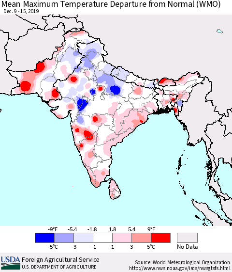 Southern Asia Maximum Temperature Departure From Normal (WMO) Thematic Map For 12/9/2019 - 12/15/2019