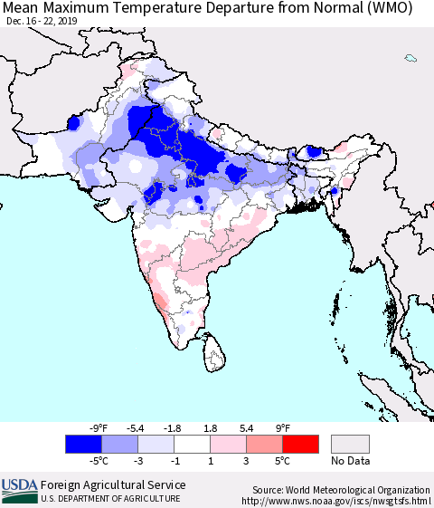 Southern Asia Maximum Temperature Departure From Normal (WMO) Thematic Map For 12/16/2019 - 12/22/2019