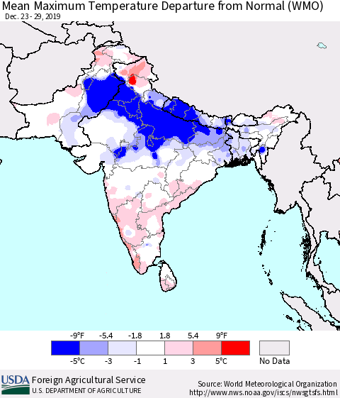Southern Asia Mean Maximum Temperature Departure from Normal (WMO) Thematic Map For 12/23/2019 - 12/29/2019