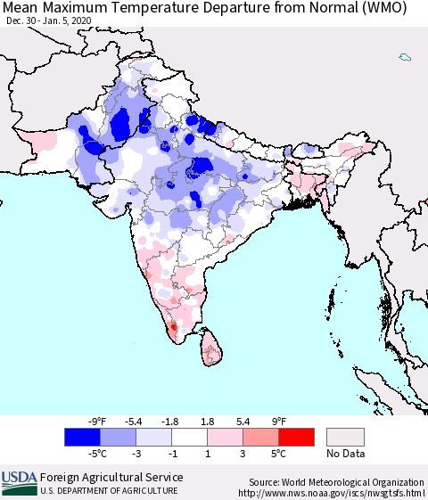 Southern Asia Maximum Temperature Departure From Normal (WMO) Thematic Map For 12/30/2019 - 1/5/2020