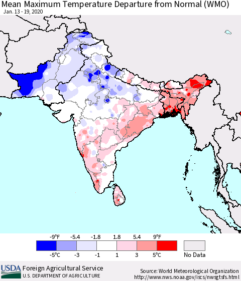 Southern Asia Mean Maximum Temperature Departure from Normal (WMO) Thematic Map For 1/13/2020 - 1/19/2020