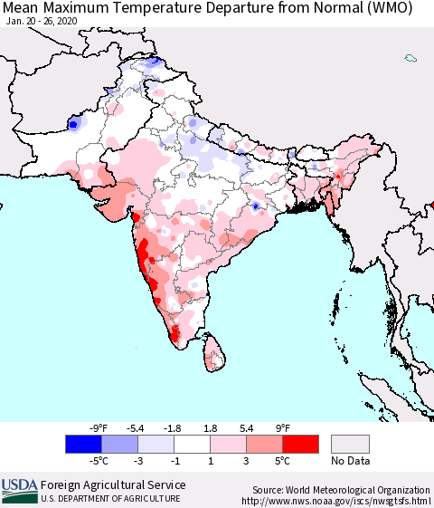 Southern Asia Mean Maximum Temperature Departure from Normal (WMO) Thematic Map For 1/20/2020 - 1/26/2020