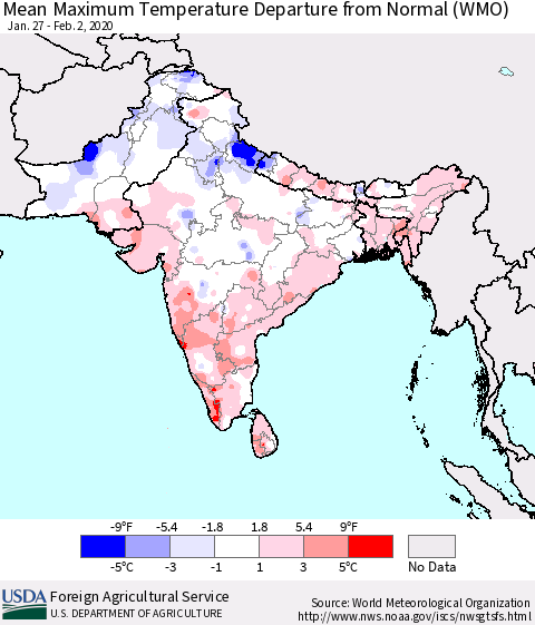 Southern Asia Maximum Temperature Departure From Normal (WMO) Thematic Map For 1/27/2020 - 2/2/2020