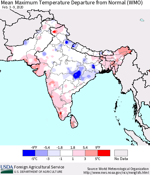 Southern Asia Maximum Temperature Departure From Normal (WMO) Thematic Map For 2/3/2020 - 2/9/2020