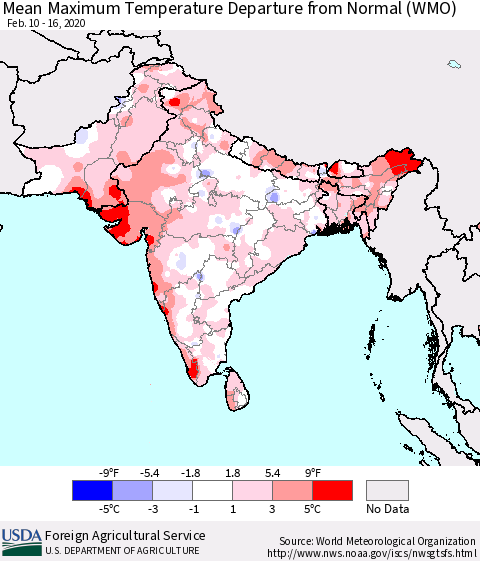 Southern Asia Maximum Temperature Departure From Normal (WMO) Thematic Map For 2/10/2020 - 2/16/2020