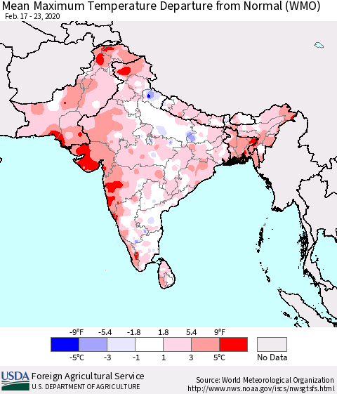 Southern Asia Mean Maximum Temperature Departure from Normal (WMO) Thematic Map For 2/17/2020 - 2/23/2020