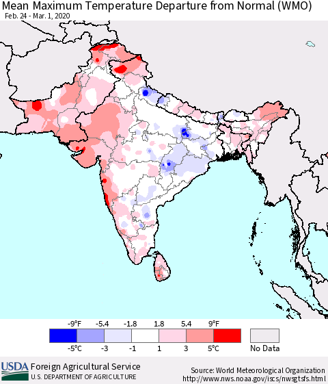Southern Asia Mean Maximum Temperature Departure from Normal (WMO) Thematic Map For 2/24/2020 - 3/1/2020