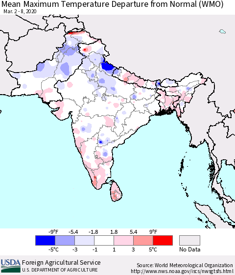 Southern Asia Mean Maximum Temperature Departure from Normal (WMO) Thematic Map For 3/2/2020 - 3/8/2020