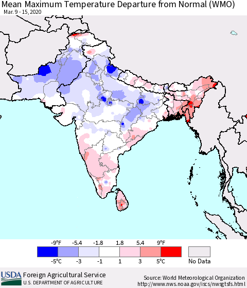 Southern Asia Mean Maximum Temperature Departure from Normal (WMO) Thematic Map For 3/9/2020 - 3/15/2020