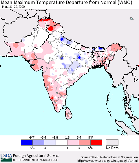 Southern Asia Maximum Temperature Departure From Normal (WMO) Thematic Map For 3/16/2020 - 3/22/2020