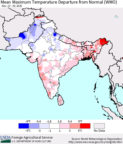 Southern Asia Mean Maximum Temperature Departure from Normal (WMO) Thematic Map For 3/23/2020 - 3/29/2020