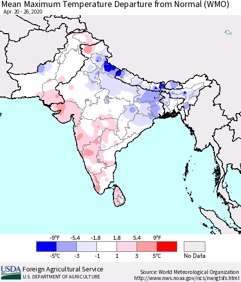 Southern Asia Maximum Temperature Departure From Normal (WMO) Thematic Map For 4/20/2020 - 4/26/2020