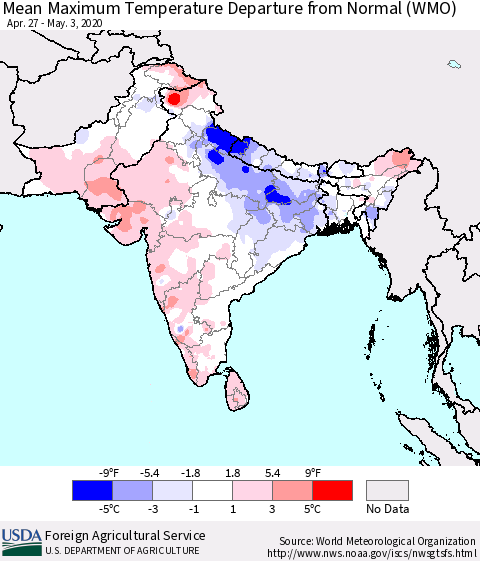 Southern Asia Mean Maximum Temperature Departure from Normal (WMO) Thematic Map For 4/27/2020 - 5/3/2020