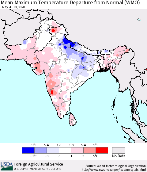 Southern Asia Mean Maximum Temperature Departure from Normal (WMO) Thematic Map For 5/4/2020 - 5/10/2020