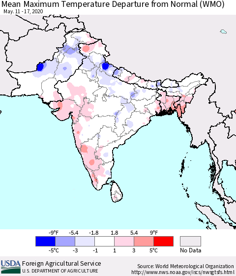 Southern Asia Maximum Temperature Departure From Normal (WMO) Thematic Map For 5/11/2020 - 5/17/2020