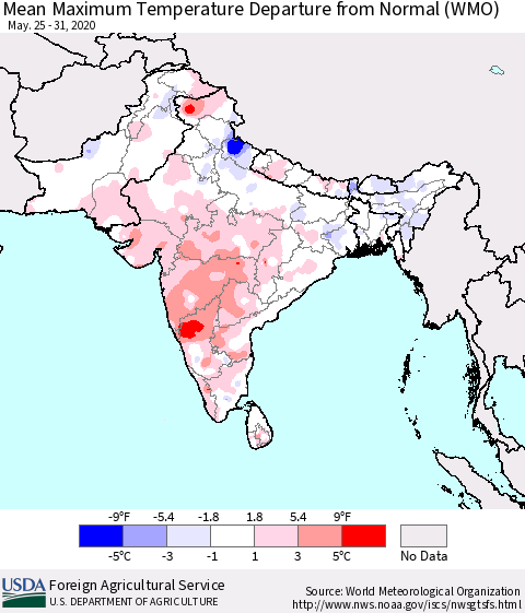 Southern Asia Mean Maximum Temperature Departure from Normal (WMO) Thematic Map For 5/25/2020 - 5/31/2020