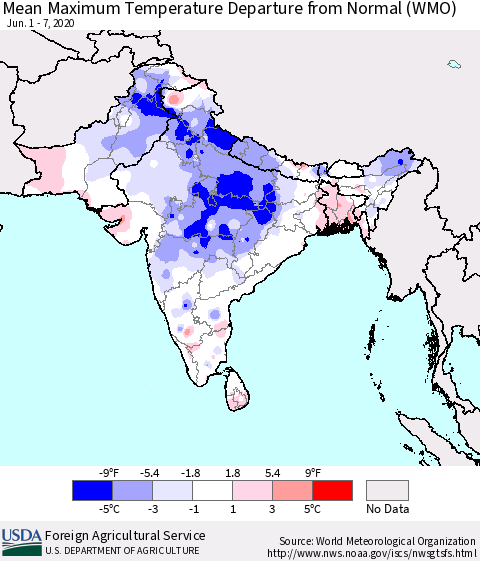 Southern Asia Mean Maximum Temperature Departure from Normal (WMO) Thematic Map For 6/1/2020 - 6/7/2020