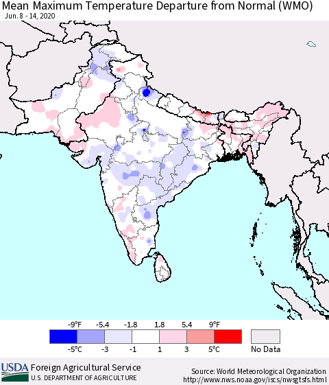 Southern Asia Mean Maximum Temperature Departure from Normal (WMO) Thematic Map For 6/8/2020 - 6/14/2020