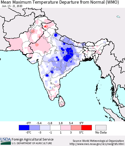 Southern Asia Mean Maximum Temperature Departure from Normal (WMO) Thematic Map For 6/15/2020 - 6/21/2020