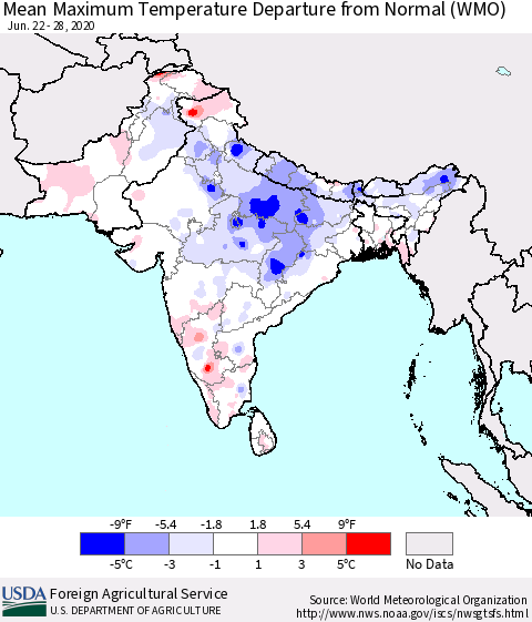 Southern Asia Mean Maximum Temperature Departure from Normal (WMO) Thematic Map For 6/22/2020 - 6/28/2020