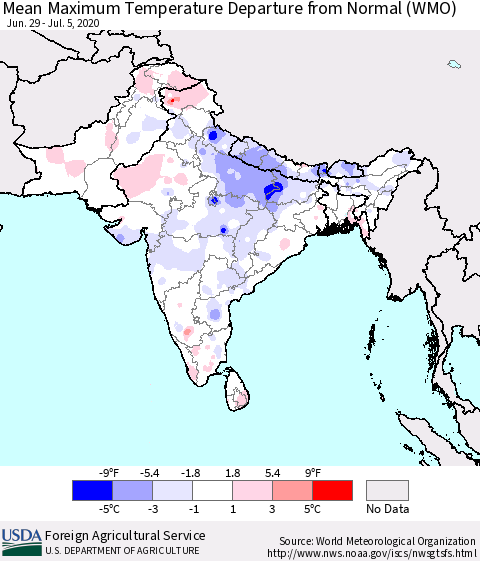 Southern Asia Mean Maximum Temperature Departure from Normal (WMO) Thematic Map For 6/29/2020 - 7/5/2020