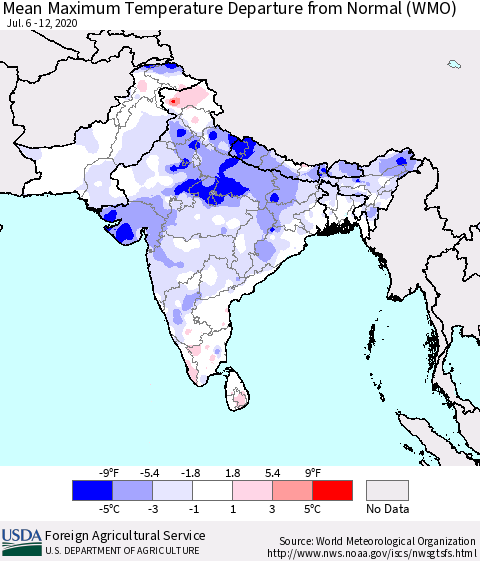 Southern Asia Maximum Temperature Departure From Normal (WMO) Thematic Map For 7/6/2020 - 7/12/2020