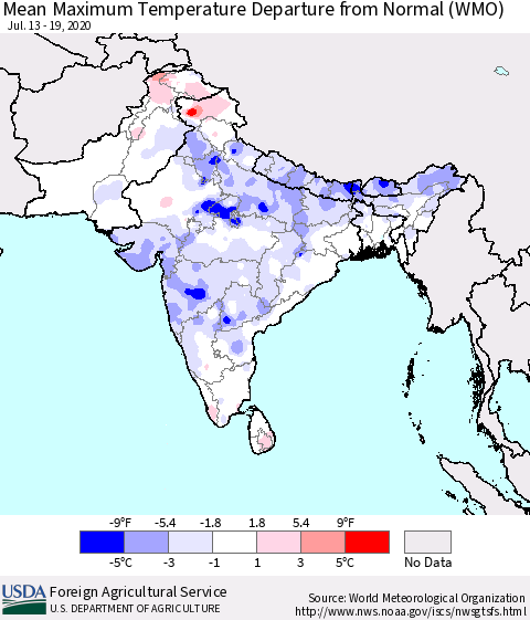 Southern Asia Maximum Temperature Departure From Normal (WMO) Thematic Map For 7/13/2020 - 7/19/2020