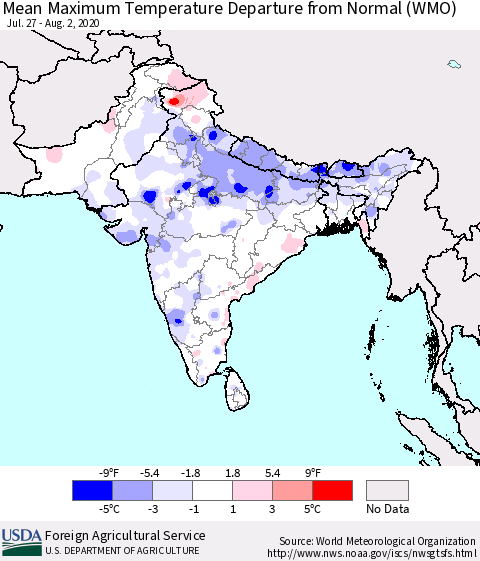 Southern Asia Maximum Temperature Departure From Normal (WMO) Thematic Map For 7/27/2020 - 8/2/2020