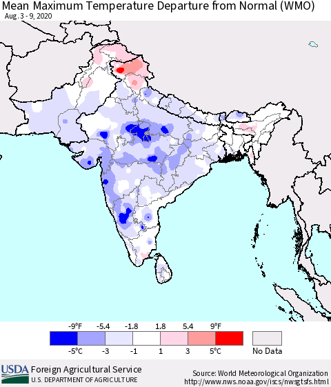 Southern Asia Mean Maximum Temperature Departure from Normal (WMO) Thematic Map For 8/3/2020 - 8/9/2020