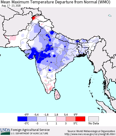 Southern Asia Maximum Temperature Departure From Normal (WMO) Thematic Map For 8/17/2020 - 8/23/2020