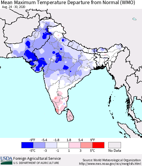 Southern Asia Maximum Temperature Departure From Normal (WMO) Thematic Map For 8/24/2020 - 8/30/2020