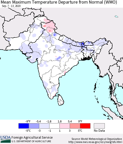 Southern Asia Maximum Temperature Departure From Normal (WMO) Thematic Map For 9/7/2020 - 9/13/2020