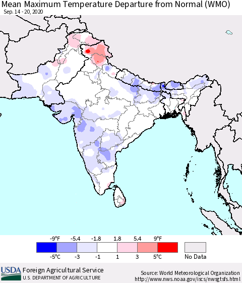 Southern Asia Mean Maximum Temperature Departure from Normal (WMO) Thematic Map For 9/14/2020 - 9/20/2020