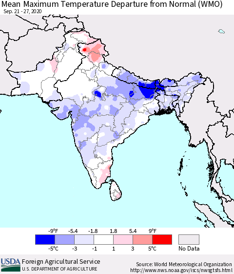Southern Asia Mean Maximum Temperature Departure from Normal (WMO) Thematic Map For 9/21/2020 - 9/27/2020