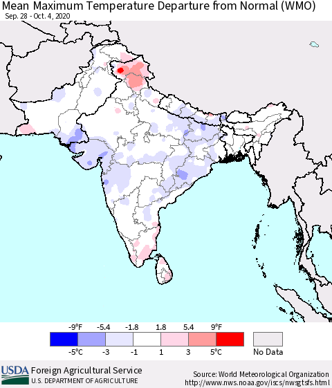Southern Asia Maximum Temperature Departure From Normal (WMO) Thematic Map For 9/28/2020 - 10/4/2020