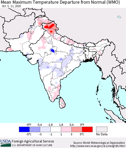 Southern Asia Mean Maximum Temperature Departure from Normal (WMO) Thematic Map For 10/5/2020 - 10/11/2020