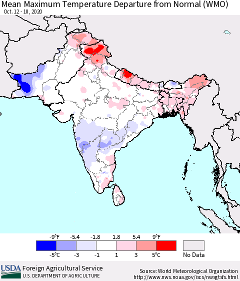 Southern Asia Mean Maximum Temperature Departure from Normal (WMO) Thematic Map For 10/12/2020 - 10/18/2020