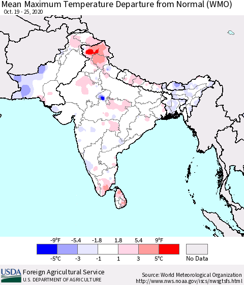 Southern Asia Mean Maximum Temperature Departure from Normal (WMO) Thematic Map For 10/19/2020 - 10/25/2020
