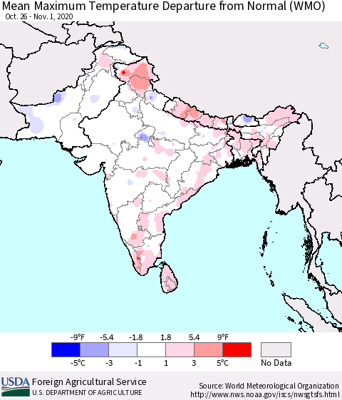 Southern Asia Mean Maximum Temperature Departure from Normal (WMO) Thematic Map For 10/26/2020 - 11/1/2020