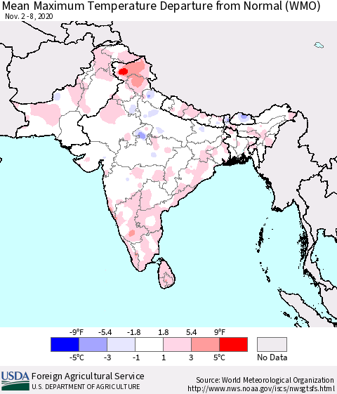 Southern Asia Maximum Temperature Departure From Normal (WMO) Thematic Map For 11/2/2020 - 11/8/2020