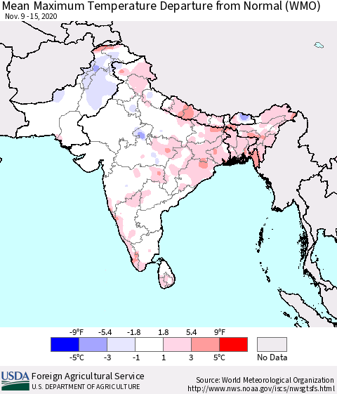 Southern Asia Mean Maximum Temperature Departure from Normal (WMO) Thematic Map For 11/9/2020 - 11/15/2020