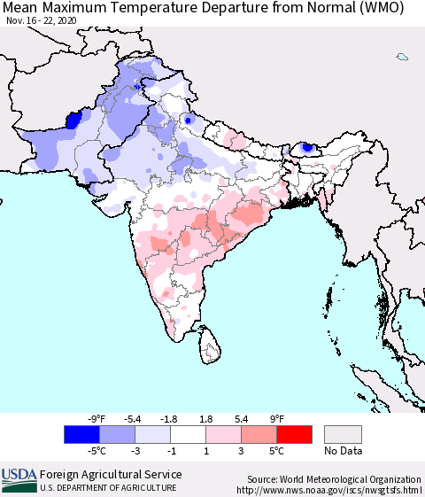Southern Asia Mean Maximum Temperature Departure from Normal (WMO) Thematic Map For 11/16/2020 - 11/22/2020